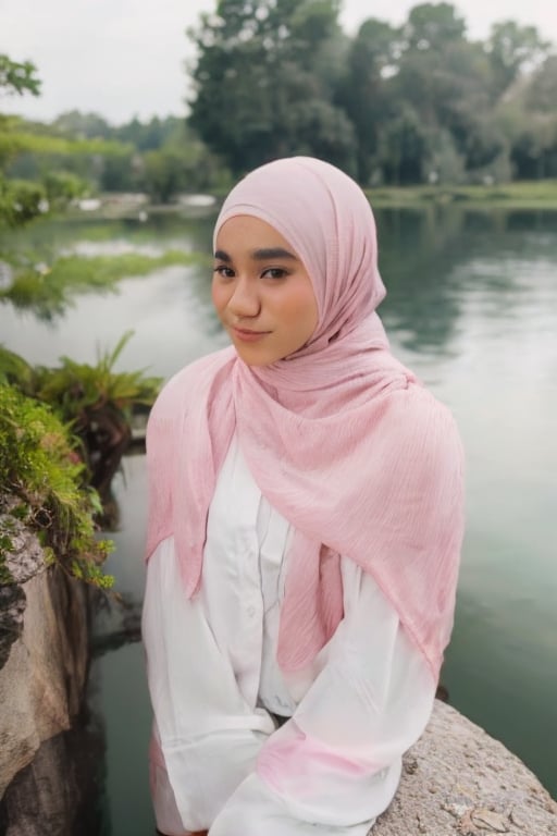 Close-up shot of a serene moment: a girl wearing a hijab and a white shirt sits peacefully on a massive rock overlooking the still waters of a tranquil lake. The warm sunlight casts a gentle glow, highlighting the folds of her scarf and the texture of the stone beneath her. Her pose exudes calmness, as if embracing the tranquility of the surroundings.