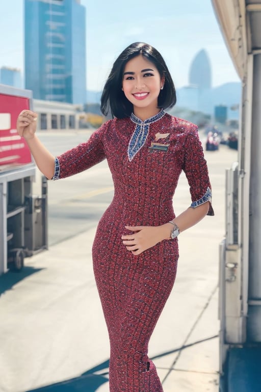 A warm sunlight illuminates a stunning woman standing confidently in her Lion Air attendant uniform on a bustling city street. Her vibrant black hair frames her beaming smile, showcasing her radiant high-definition features. The outdoor setting allows for a beautiful play of light and shadow on her upper body, emphasizing the crisp details of her attire.