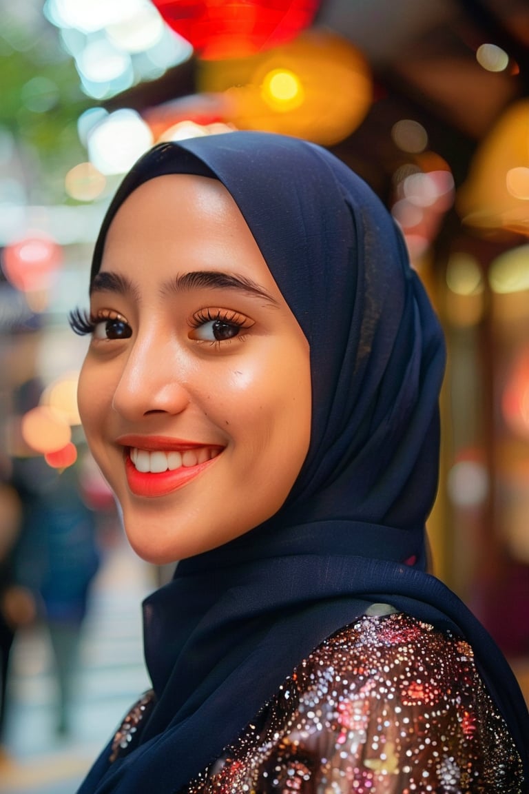 A stunning close-up captures the gentle smile of a woman donning a hijab, as she stands outdoors amidst a bustling street scene. The soft focus of the bokeh effect creates a dreamy atmosphere, with intricate details visible on her face. Shot in breathtaking 8K resolution, the image is so sharp it's as if you're gazing directly into her eyes.