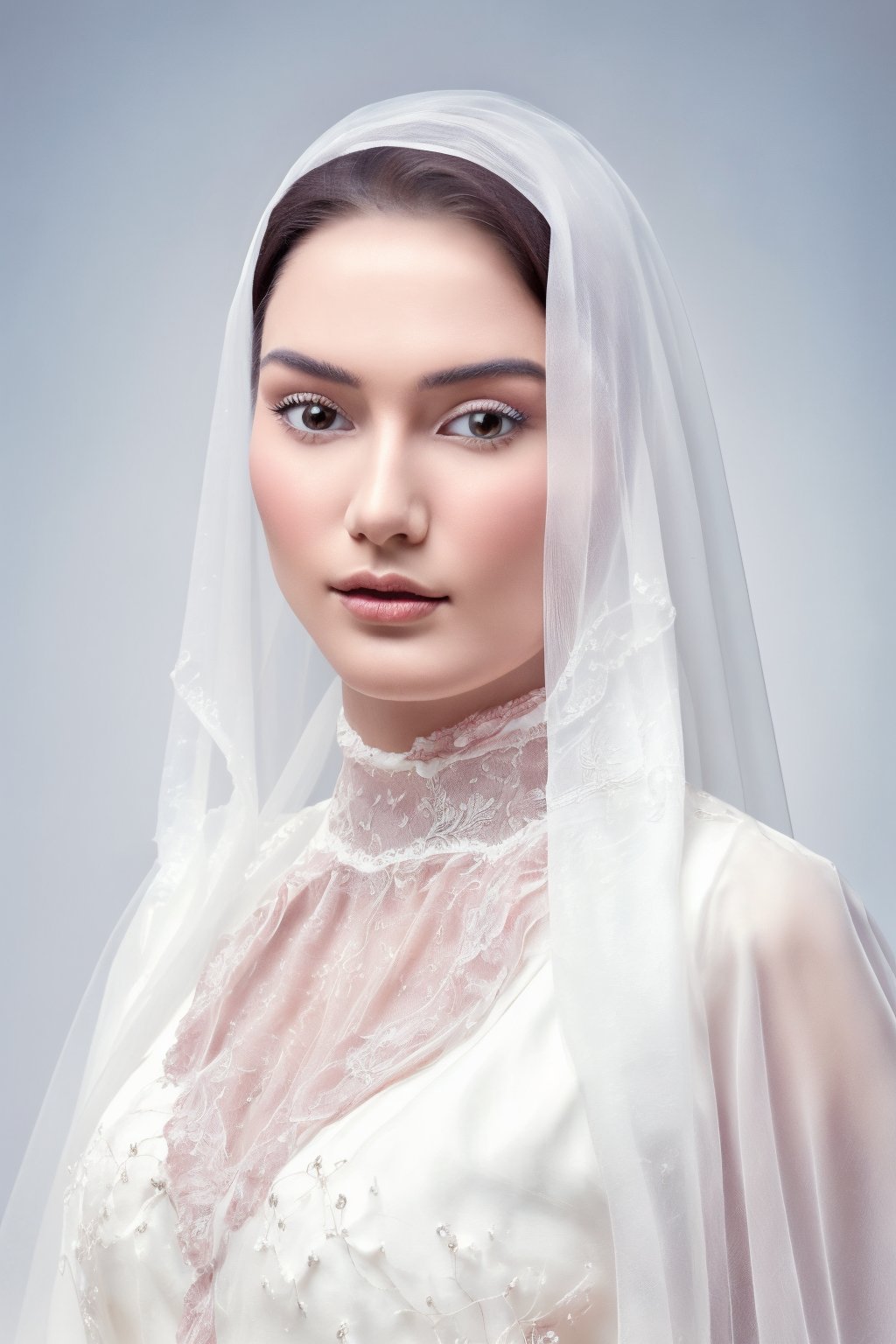 Close-up shot of a stunning woman's front face, adorned with a delicate lace-trimmed wedding veil. Her porcelain-like skin glows with an Ultra-High definition, showcasing every fine detail. The intricate beading and embroidery on her wedding dress sparkle in the soft light, framing her serene expression as she gazes directly into the camera.,khalizanah