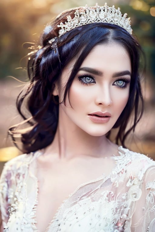 A stunning close-up shot of a bride's face during the golden hour. The soft, warm light casts a romantic glow on her porcelain skin, accentuating the delicate features and brightening her beautiful eyes with long lashes. Her dark, luscious locks cascade down her shoulders, framing the lace trim on her wedding dress as it shimmers in the bokeh-like background. UHD resolution captures every intricate detail, from the subtle texture of her gown to the subtle sparkle on her eyes.