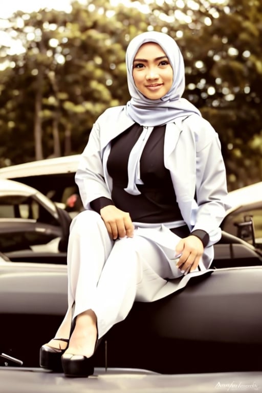 ((cowboy shot, half body potrait, closeup)), best quality, masterpiece, (photorealistic:1.4), 1girl, 18 year old girl, (white_hijab), perfect body, slim waist, big hips, perfect body shape, skinny, petite body, huge tits, (tight shirt, unbuttoned cardigan, long skirt, highheels), gigantic_breasts, light smile, realistic expression, ((extremely accurate:1.1)), (sitting on passanger seat inside a car, accurate scene pose, scenery background), flat lighting,igirl,hijab,hourglass body shape,hij4b,hijab indonesia,indonesia,cwkhijab,aisah