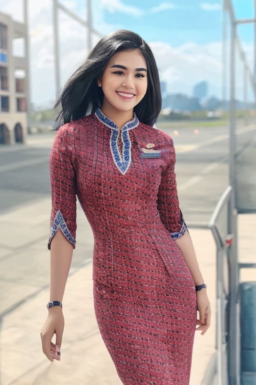 A warm sunlight illuminates a stunning woman standing confidently in her Lion Air attendant uniform on a bustling city street. Her vibrant black hair frames her beaming smile, showcasing her radiant high-definition features. The outdoor setting allows for a beautiful play of light and shadow on her upper body, emphasizing the crisp details of her attire.