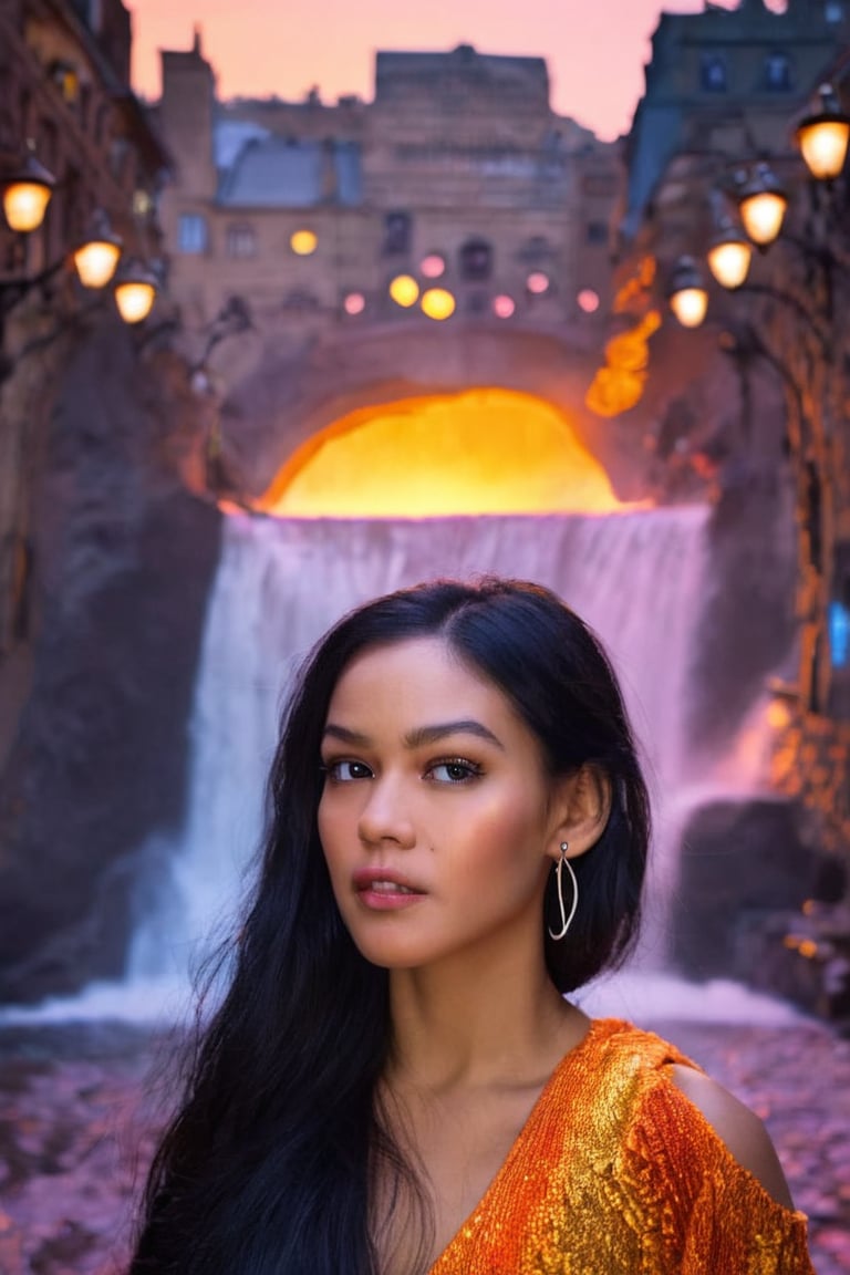 A captivating portrait shot captures the striking woman's face, her raven-black tresses flowing down her back like a dark waterfall. Her piercing gaze holds ours as she stands against a kaleidoscope city street backdrop, the vibrant lights and pulsing energy subtly illuminated in her luminous skin tone.