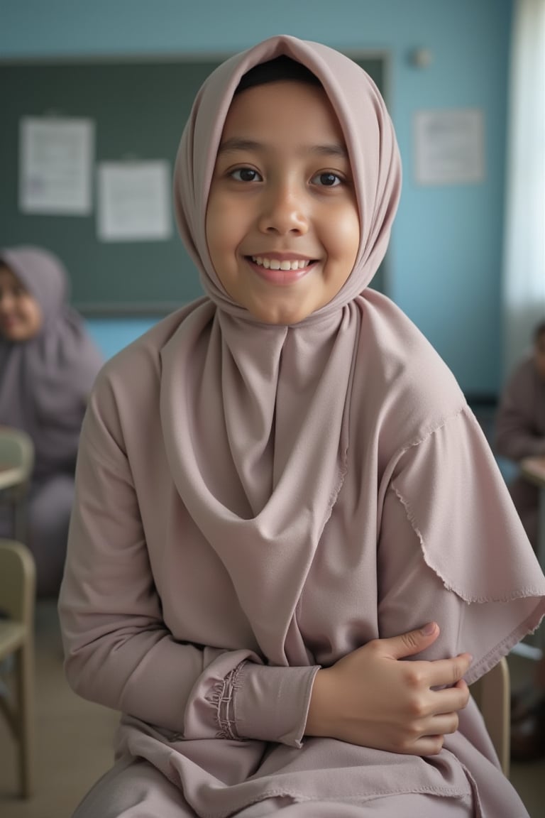 A young girl wearing a hijab and school uniform, sitting on a chair in a classroom, smiling beautifully and looking cute. The scene is ultra-high detailed with 8K resolution, capturing every nuance of her expression and attire. Soft natural lighting enhances her youthful charm and the classroom setting.