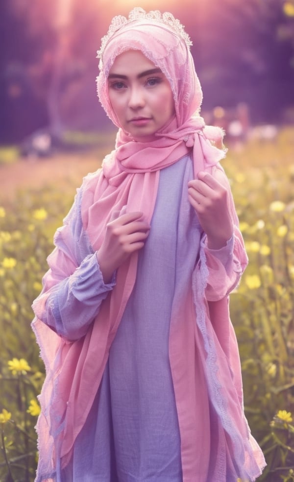 photography of a woman, masterpiece, with lens flare, European 16yo girls, Petite body, super cute face,detailed face, Full frame, beautiful body, hi-res blue pupil,in a grass field with daisys at sunset, with very long brown curly hair , girl wearing a white unbuttoned wet sheer shirt, Full body view, isma, hijab,aisah