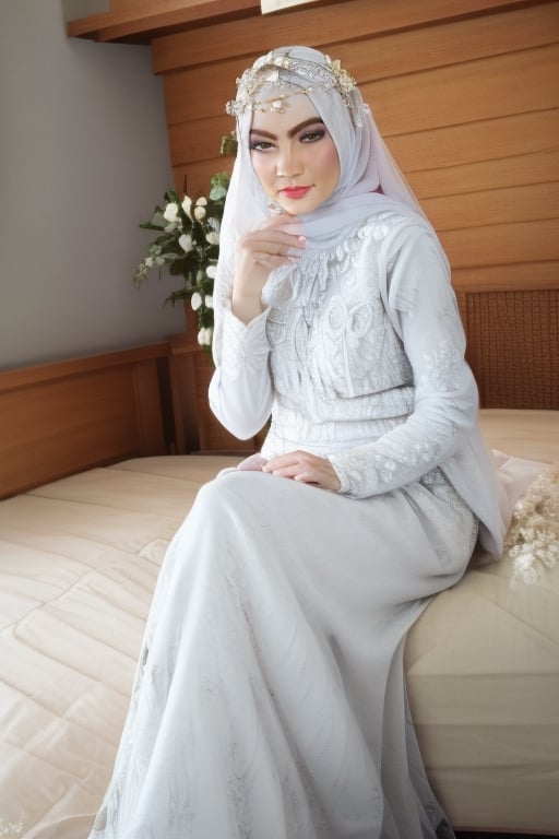 1girl, solo, white hijab, black eyes, beauty, looking at viewer, white wedding dress, sitting, indoors, on bed, realistic, (8K UHD:1.4), ,indonesian, hijab scarf, realistic