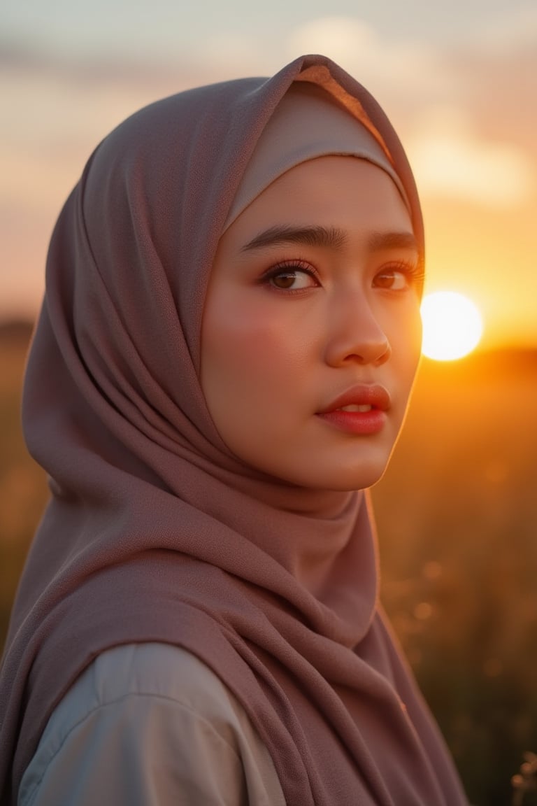 Close-up shot of a woman wearing a hijab, ultra-high definition focus on her radiant face and skin. Soft, natural lighting accentuates her cheek contours and beautiful eyes. Warm sunset tones glow subtly behind her, creating serenity as she gazes gently into the distance.