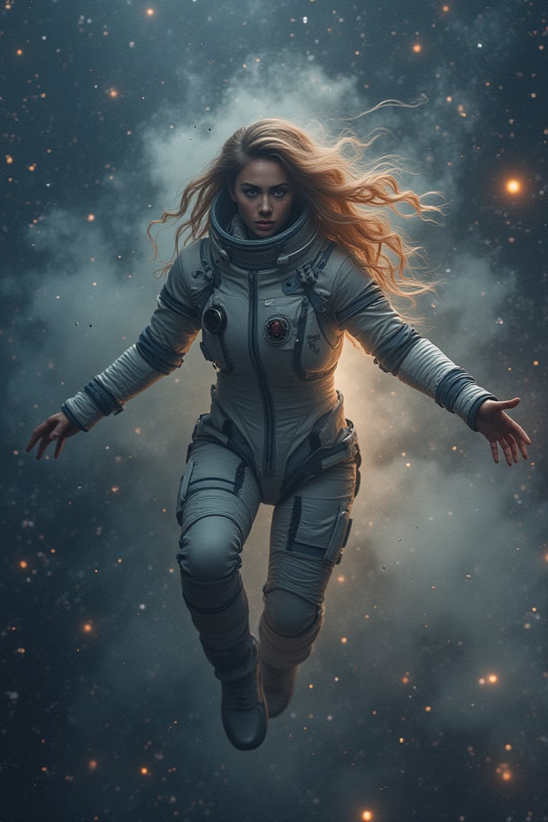 Young woman lost in space, floating amidst cosmic dust and distant galaxies, soft ethereal lighting, intricate space suit, serene expression, vast starry background, hyper-realistic, dynamic composition, sharp focus, cinematic atmosphere.