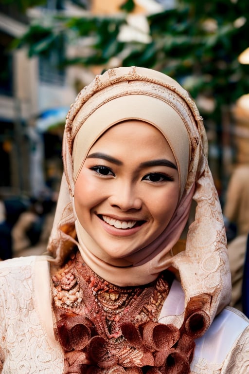 A close-up shot of a smiling Indonesian woman wearing a hijab outdoors on a bustling street. Her upper body is framed in the center of the composition, with her detailed face and skin taking up most of the frame. The warm sunlight casts a gentle glow on her features, highlighting the soft curves of her smile.