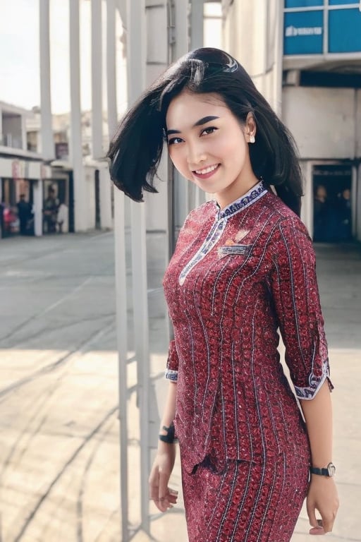 A warm sunlight illuminates a stunning woman standing confidently in her Lion Air attendant uniform on a bustling city street. Her vibrant black hair frames her beaming smile, showcasing her radiant high-definition features. The outdoor setting allows for a beautiful play of light and shadow on her upper body, emphasizing the crisp details of her attire.