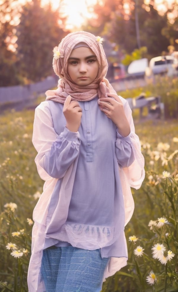 photography of a woman, masterpiece, with lens flare, European 16yo girls, Petite body, super cute face,detailed face, Full frame, beautiful body, hi-res blue pupil,in a grass field with daisys at sunset, with very long brown curly hair , girl wearing a white unbuttoned wet sheer shirt, Full body view, isma, hijab,aisah