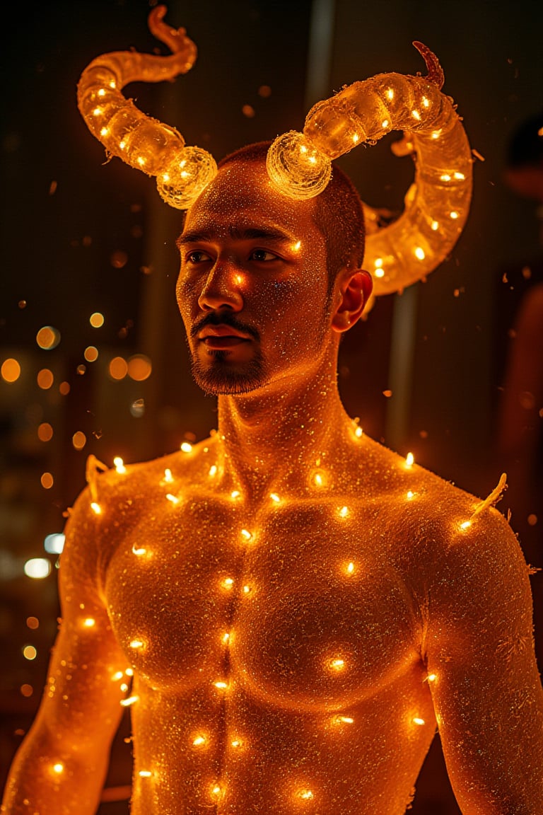 Beautiful man wearing a devil costume with gold and fire horns, transparent skin, glowing light particles and sparkles in a glitter and diamond dust style. Hyper-realistic fire, fairycore, hkmagic, masterpiece, best quality, highly detailed, sharp focus, dynamic lighting.