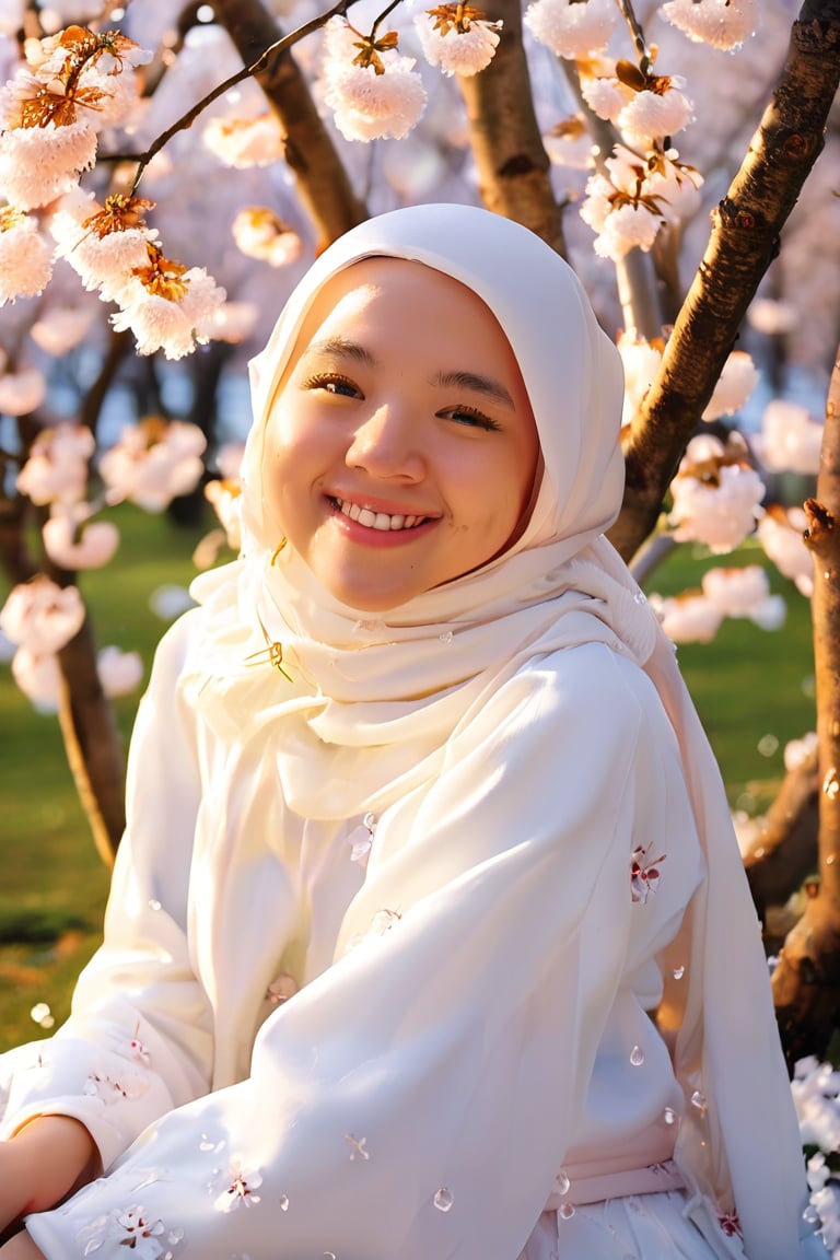 A serene woman, adorned in a white long shirt and a hijab, sits amidst the tranquil beauty of a sakura garden. Her warm smile illuminates the soft, golden light filtering through the blooming cherry blossom trees. The delicate petals fall gently around her, like snowflakes on a winter's day. The subject's eyes sparkle with joy as she gazes into the distance, surrounded by the gentle rustle of ice crystals suspended in mid-air.