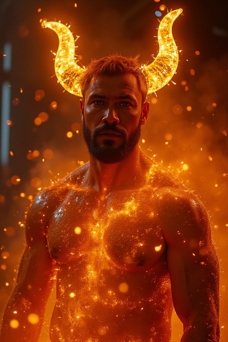 Beautiful man wearing a devil costume with gold and fire horns, transparent skin, glowing light particles and sparkles in a glitter and diamond dust style. Hyper-realistic fire, fairycore, hkmagic, masterpiece, best quality, highly detailed, sharp focus, dynamic lighting.