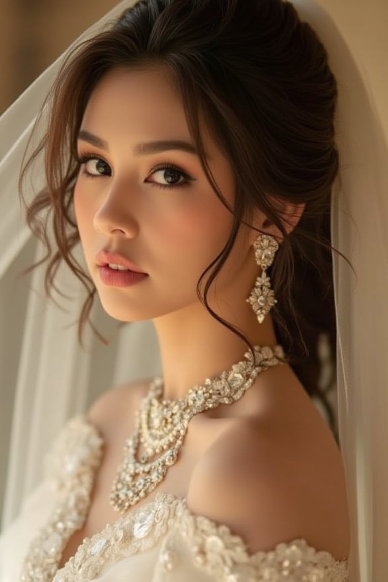 A solo portrait of Vanesha, a stunning bride, looking directly at the viewer with an alluring gaze. Her luscious brown and black locks cascade down her back, framing her porcelain complexion. She wears an extravagant white wedding dress adorned with intricate jewelry, exuding elegance. The focus is on her upper body, showcasing her refined features, including her plump lips. The image is rendered in ultra-high detail, capturing the subtleties of her expression and the lavish attire. Soft, warm lighting enhances her allure, with the composition centered on her graceful pose.