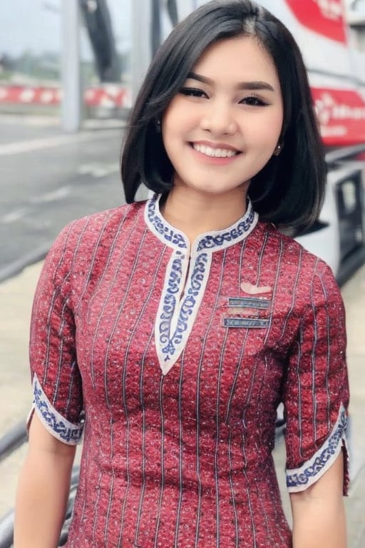 upper body, front, woman wearing Lion Air Attendant Uniform, smiles, black hair, high detailed face and body, outdoors street