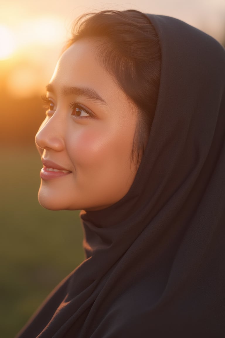 Close-up shot of a woman wearing a hijab, ultra-high definition focus on her radiant face and skin. Soft, natural lighting accentuates her cheek contours and beautiful eyes. Warm sunset tones glow subtly behind her, creating serenity as she gazes gently into the distance.