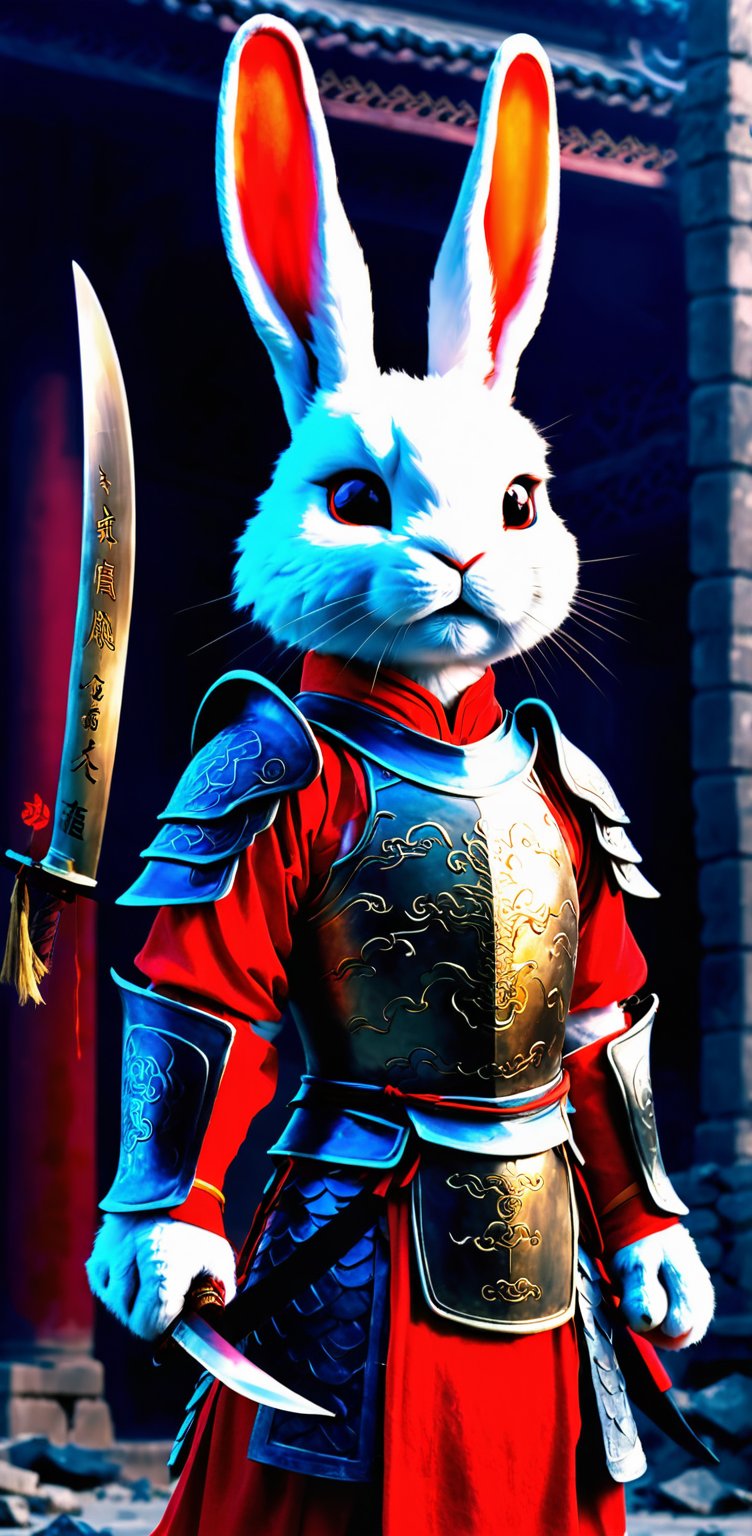 A majestic, fluffy rabbit stands upright on a desolate street littered with ruins. Clad in Song Dynasty armor, it holds a majestic Chinese cleaver, its blade radiating a chilly glow. The camera zooms in on the sword, emphasizing its grandeur. The rabbit turns to face the lens, its details rich and vivid in 8K resolution. Amidst the devastation, this adorable rabbit stands tall, its Song Dynasty armor a beacon of hope.