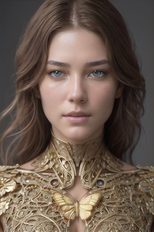 photo, 8k portrait of beautiful cyborg with brown hair, intricate, elegant, highly detailed, majestic, digital photography, art by artgerm and ruan jia and greg rutkowski surreal painting gold butterfly filigree, broken glass, (masterpiece, side lighting, finely detailed beautiful eyes: 1.2), hdr, realistic, high definition