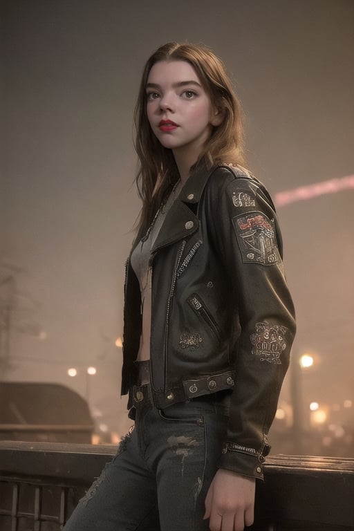 (masterpiece, high quality, 8K, high resolution), grunge style, mystical atmosphere, ultra detailed illustration, incredibly beautiful Anya Taylor, light brown hair, bright brown eyes, black leather jacket with punk patches, loose low-cut t-shirt V, old worn out jeans, skater sneakers, rock bar background, vampire elements, gothic details, relaxing poses, portrait