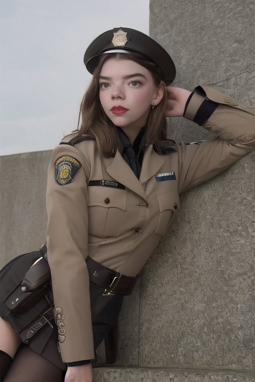 (masterpiece, high quality, 8K, high resolution), (dressed as a police officer), ultra detailed illustration, incredibly beautiful Anya Taylor, light brown hair, bright brown eyes, relaxing poses, portrait