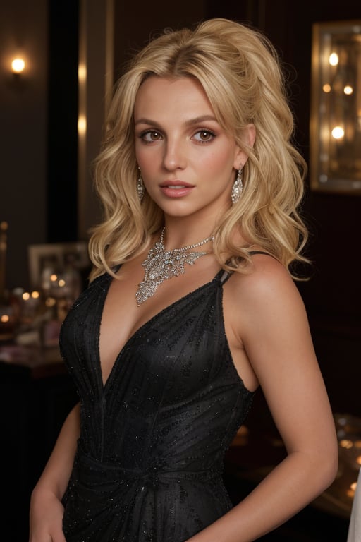 hyperrealistic photo of Britney Spears at a night party, with a glamorous and elegant look. Her blonde hair is styled in a sophisticated hairstyle, with voluminous and shiny curls. She is wearing a long gala dress, black in color, with a deep neckline and lace details, that enhance her beauty and sophistication. She is adorning a necklace and diamond earrings, which complete the look with shine and elegance. The lighting is soft and romantic, creating a party and glamour atmosphere.