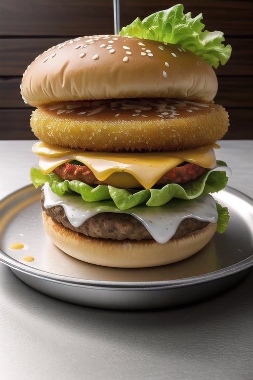 best quality, ultra high resolution, (photorealistic: 1.4), ultra-detailed, incredibly detailed, aluminum package, big mac, fried meat, wet lettuce, melting cheese, juice glass on the side