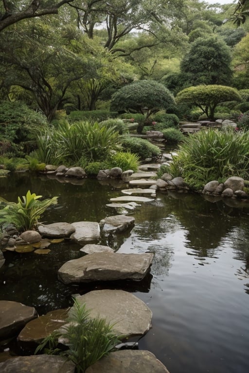 Stepping stones across a tranquil pond, leading to a tea house., Cinematic portrait photography, capture subject in a way that resembles a still frame from a movie, cinematic lighting, story, narrative quality, drawing viewers into the scene and evoking a sense of cinematic immersion, capturing emotion, professional, engaging, compelling composition