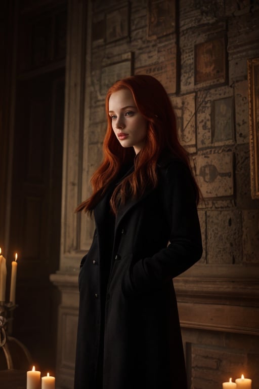 hyperrealistic image of Madelaine Petsch in a mysterious and dark setting. She is dressed in a long, dark coat, with an expression of intrigue and suspense on her face. The image is filled with shadows and contrasts, with details such as an old wall clock, old books, and lit candles. The colors are dark and deep, creating an atmosphere of mystery.