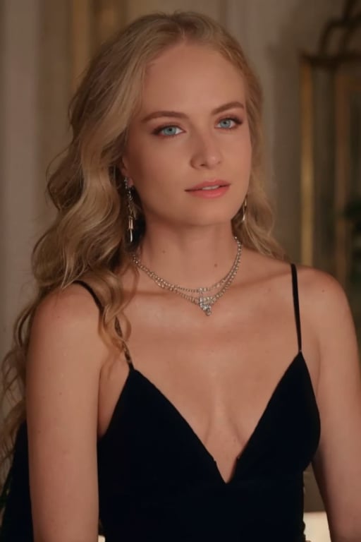 Hyperrealistic full body raw photo of Angelica, realistic face, realistic eyes, wearing a black gown with a deep neckline and a leg slit, adorned with sparkling diamond necklace and emerald earrings, standing in a grand ballroom illuminated by crystal chandeliers. Cinematic style with soft, natural lighting, and muted, film-like colors.