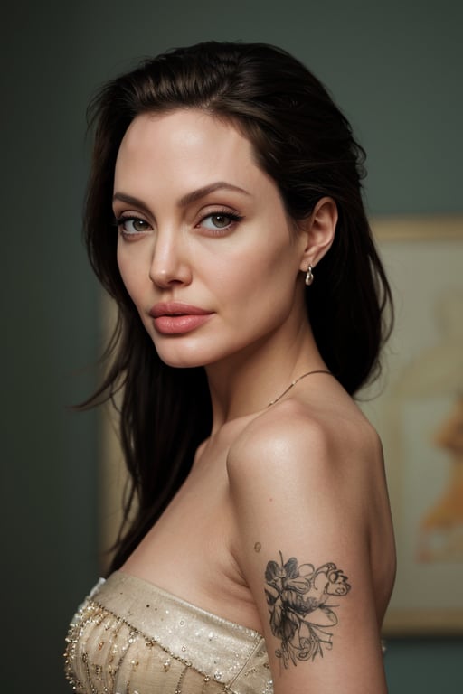 hyperrealistic photo of Angelina Jolie, showing only from the waist up, with focus on the details of her face and neck. The lighting is soft and natural, enhancing the beauty and texture of her skin in an ultra-realistic way. The makeup is flawless, enhancing her features and making the actress even more radiant. The image has a cinematic style, with focus on Angelina Jolie's natural beauty, like a high-quality magazine photograph, with 8K resolution, sharp details, realistic textures, and vivid colors. 