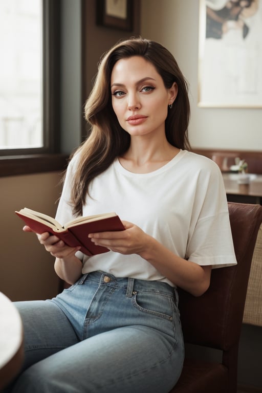 hyperrealistic photo of Angelina Jolie in a casual and cozy setting, wearing a white cotton t-shirt and faded jeans. She is in a charming cafe, reading a book, with a light and relaxed smile. The lighting is natural and soft, highlighting the details of the environment and clothing. The image has a cinematic style, with focus on Angelina Jolie's natural beauty, conveying a sense of peace and tranquility.