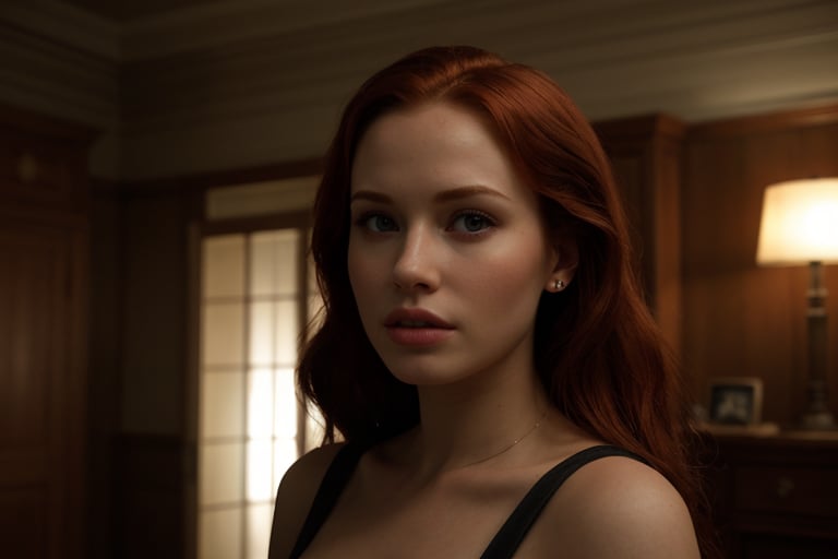 hyperrealistic image of Madelaine Petsch as Maya in the movie "The Strangers", in a tense and frightening scene. She is in a dark and isolated house, with an expression of fear and apprehension. The light is dim and flickering, with shadows and contours that increase the tension of the scene. The focus is on her facial expression and the dark and threatening atmosphere of the house. The image should have a cinematic style, capturing the essence of the original scene from the movie, with as much realism as possible. 