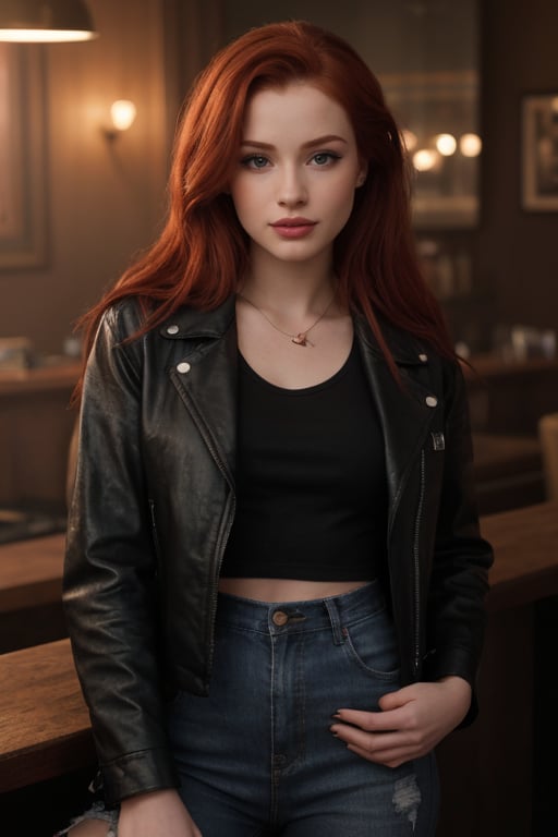 hyperrealistic image of Madelaine Petsch in a rock and roll bar, wearing a black leather jacket with zipper details, a black band t-shirt, and ripped jeans. She has a relaxed expression, her eyes enhanced with black eyeliner and voluminous mascara, and lips painted with a dark red lipstick. The bar's lighting is dramatic, with colorful lights and fog. The atmosphere is vibrant and full of energy.