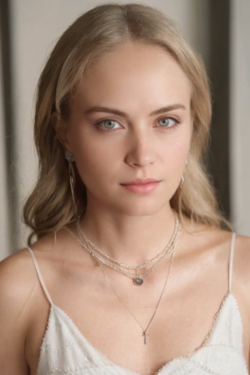 Hyperrealistic raw photo of Angelica, realistic face, realistic eyes, wearing a white silk dress, with a delicate chain necklace. Cinematic style with soft, natural lighting, and muted, film-like colors.