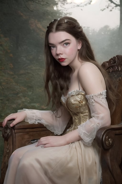 (masterpiece, high quality, 8K, high resolution), (dressed as a vampire), mystical atmosphere, ultra detailed illustration, incredibly beautiful Anya Taylor, light brown hair, bright brown eyes, relaxing poses, portrait