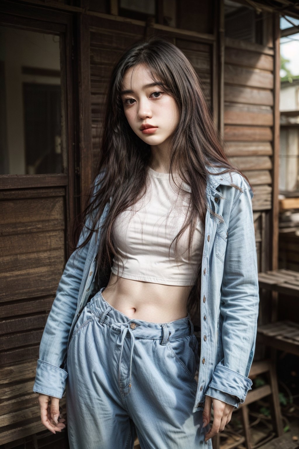Honey,HoneyNwayOo,HanNiNwayOo,A young woman with long black hair, wearing a shirt, a jacket, and light blue pants with a bow.(poses:random)

[Photorealistic portrait, inspired by the work of Peter Lindbergh and Annie Leibovitz, with a touch of naturalism reminiscent of Steve McCurry], [Shallow depth of field, 50mm lens, natural lighting, soft shadows, muted color palette, subtle grain, textured background, realistic rendering]
