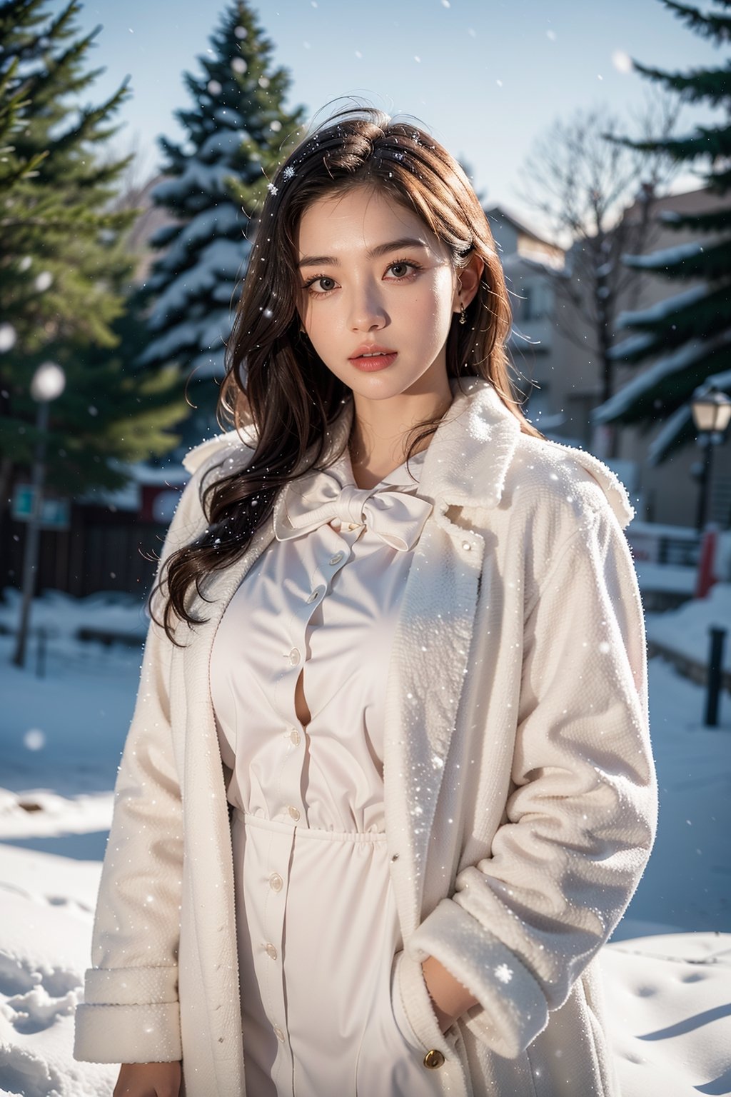 best quality,HDR,UHD,8K,Vivid Colors,solo,photo_,(1girl:1.3),(standing:1.3),(looking at viewer:1.4),Elegant,detailed gorgeous face,(upper body:1.2),bright,(snowing background:1.2),(pale skin:1.4),,Twinkle,pink coat,fur collar,bow