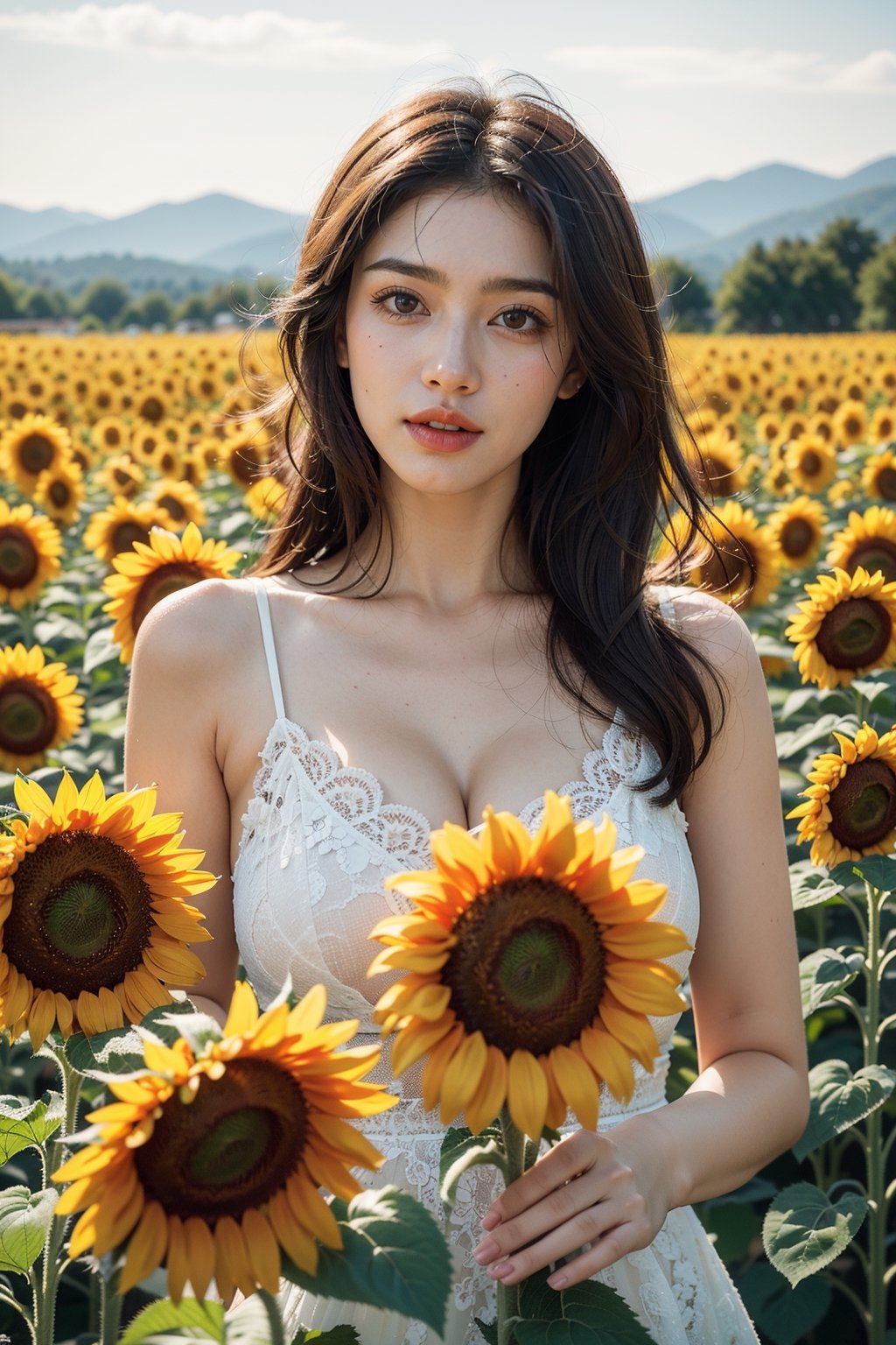  A beautiful woman. Sunflower field. Best Quality, Crazy Details and Sharp Focus, Masterpiece, Professional, Award Winning, Fine Detail, High Detail, UHD, 64k, Soft Look