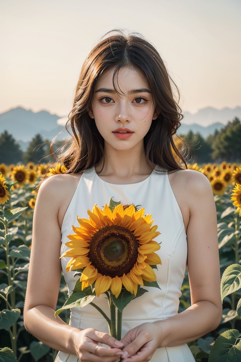  A beautiful woman. Sunflower field. Best Quality, Crazy Details and Sharp Focus, Masterpiece, Professional, Award Winning, Fine Detail, High Detail, UHD, 64k, Soft Look