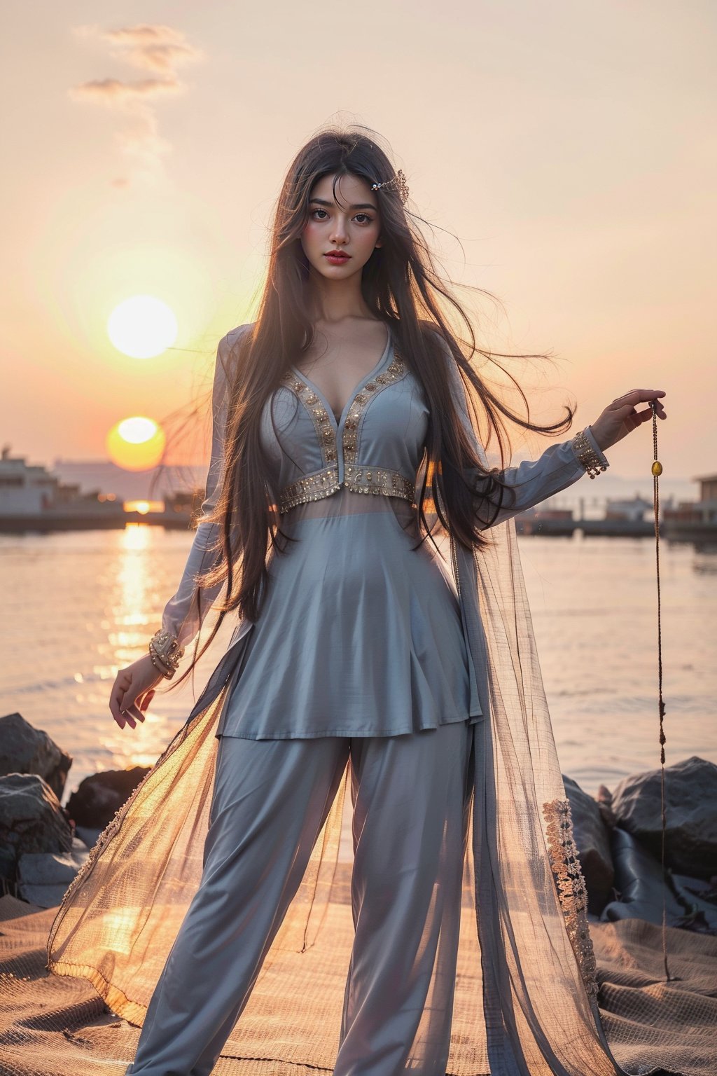 Choose a flowy Anarkali suit in soft pastel hues adorned with delicate embellishments for ethereal beauty,twirl your dupatta against the backdrop of a setting sun, embodying grace and serenity,looking into camera,cute smile,black hair,black eyes