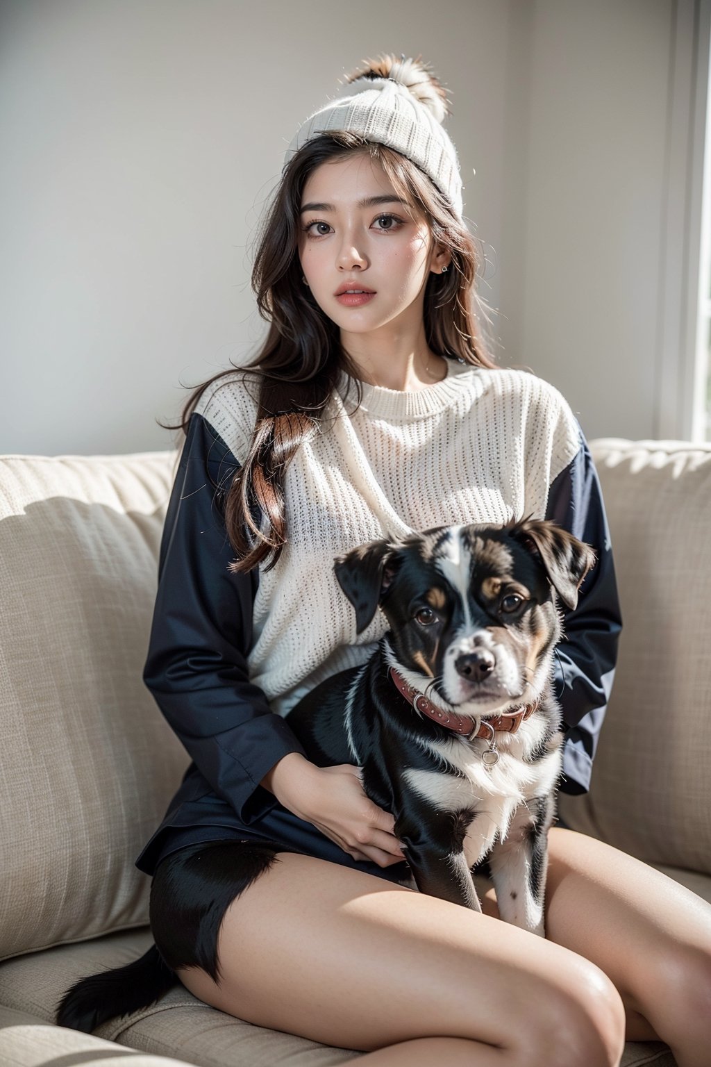 portrait of a girl name atika, full body in frame, round face, Indian bengali girl, Instagram influencer, black long hair, glossy juicy lips,blue eyes cute, kurti, 18-year-old girl, wearing casual clothes, on the couch at home, cuddling with super cute dog, very innocent dog in her hands