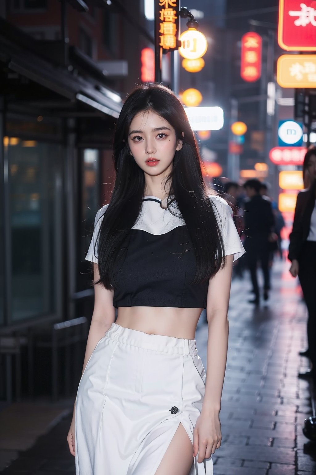 (intimate photo), 1girl,  busty slender Korean girl K-pop idol, long hair,  instagram model,  50mm, flash photography,  real life, cute face, tight thin form fitting crop top emphasizing her large bust and skirt , in Seoul city, at night, tight waist ,1girl,eungirl,chinatsumura,4ngel,twic_e0523,jiae,yoona,girly_clothing