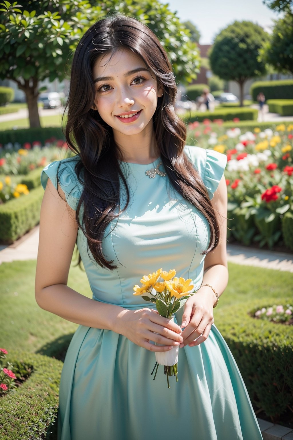 beautiful cute young attractive indian girl, village girl, 20 years old, cute,  Instagram model, long black_hair, colorful hair, smiling, warm, flower garden , blue dress 