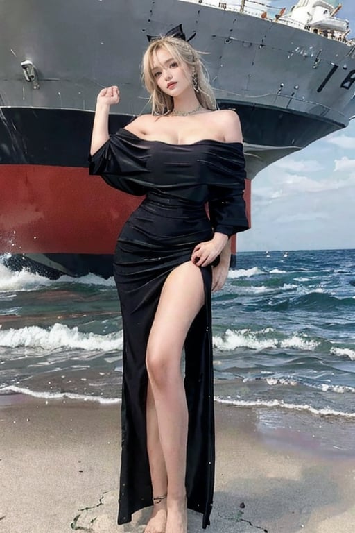 1girl, Sweet girl, solo, long hair, blonde hair, whole body, lips, grey eyes, big smile, long oversize hoodie, standing, shitty t-shirt naval base, posing, bare_feet, upper_body, hand_raised, beach background, thin eye bow ,bzsohee ,strapless dress,(masterpiece:1.3),  cinematic lighting,  (cowboy_shot),  feet out of frame,big