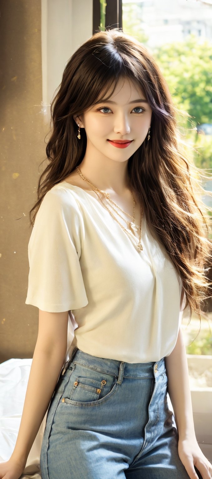 Beautiful, soft light, (beautiful and delicate eyes), very detailed, pale skin, big smile, (long hair), dreamy, medium chest, female 1, ((front shot)), bangs, soft expression, height 180, elegant , Bright smile, 8k art photo, photorealistic concept art, realistic, person, small necklace, small earrings, fantasy, jewelry, shyness, dreamy soft image, masterpiece, ultra high resolution, jeans, ,daily cropped shirt,1 girl ,Ava