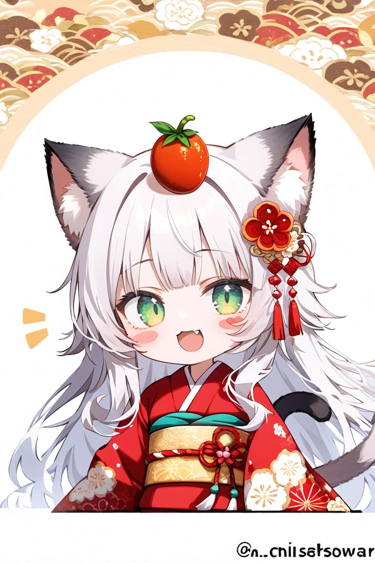 1girl, animal_ears, kimono, japanese_clothes, solo, food, food_on_head, tail, green_eyes, cat_ears, cat_tail, fruit, object_on_head, long_hair, chili, cat_girl, blush_stickers, obi, sash, looking_at_viewer, fang, floral_print, smile, notice_lines, open_mouth, red_kimono, chibi, new_year, upper_body, twitter_username, bangs, grey_hair, white_hair, chili_(fruit), :d