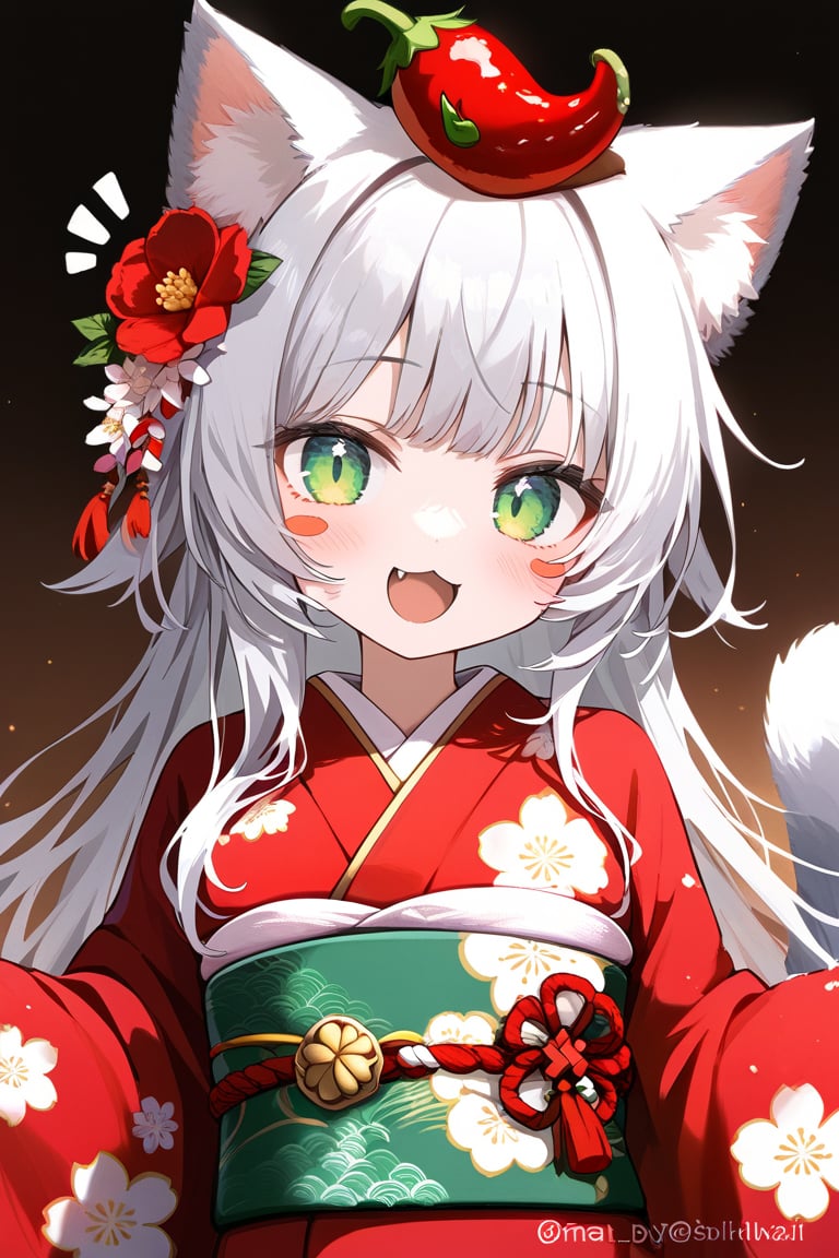 1girl, animal_ears, kimono, japanese_clothes, solo, food, food_on_head, tail, green_eyes, cat_ears, cat_tail, fruit, object_on_head, long_hair, chili, cat_girl, blush_stickers, obi, sash, looking_at_viewer, fang, floral_print, smile, notice_lines, open_mouth, red_kimono, chibi, new_year, upper_body, twitter_username, bangs, grey_hair, white_hair, chilli_pepper, :d