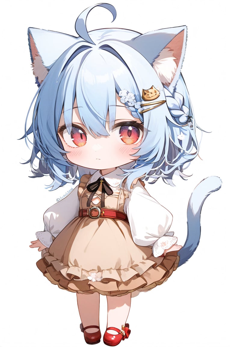 1girl, animal_ears, solo, tail, cat_tail, blue_hair, cat_ears, dress, long_sleeves, ahoge, braid, hairclip, puffy_long_sleeves, hair_ornament, shoes, shirt, bangs, full_body, cat_girl, blush, white_background, ribbon, neck_ribbon, puffy_sleeves, black_ribbon, hair_between_eyes, simple_background, twitter_username, looking_at_viewer, red_footwear, white_shirt, collared_shirt, standing, brown_dress, frilled_dress, sleeves_past_wrists, frills, closed_mouth, chibi, red_eyes, belt, grey_background, sleeveless, sleeveless_dress